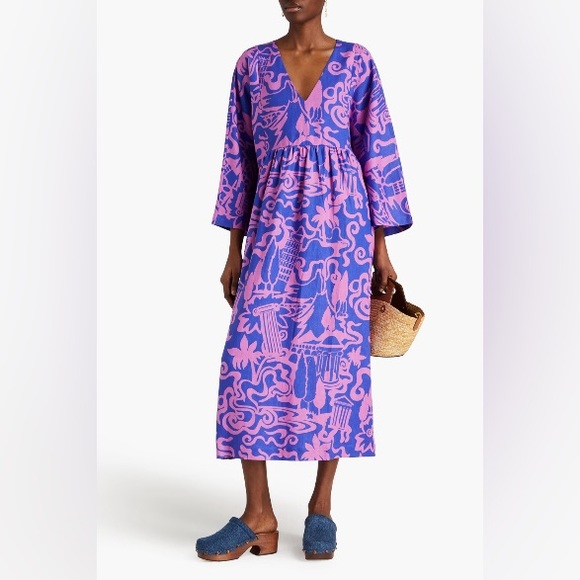 Mara Hoffman Aviva Hemp Deep V Midi Dress Cobalt Blue PinkSize M